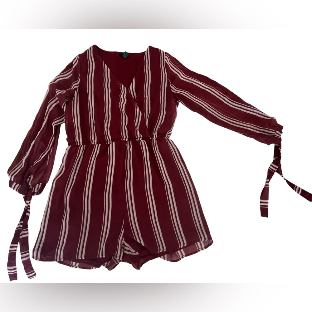 Maroon Striped Romper w/ Open Sleeves & Ties
